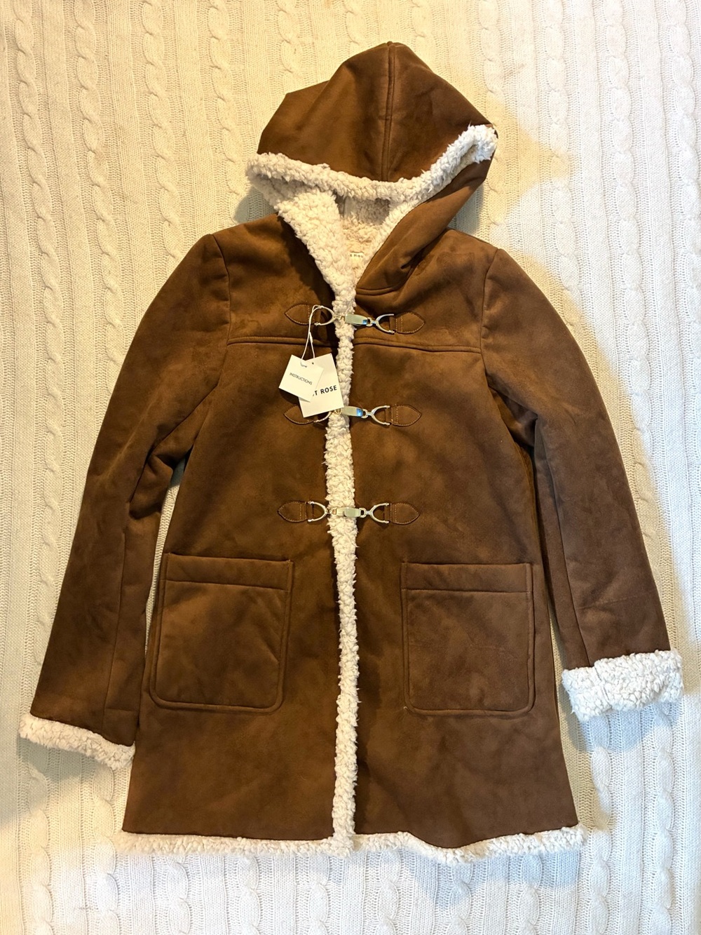 Women's Hooded Faux-Suede Shearling Coat in Brown